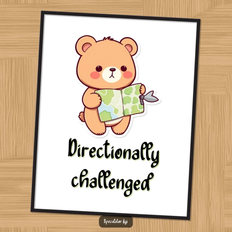 Funny kawaii bear poster, art print of a bear holding a map and pointing in a specific direction, wall decor.