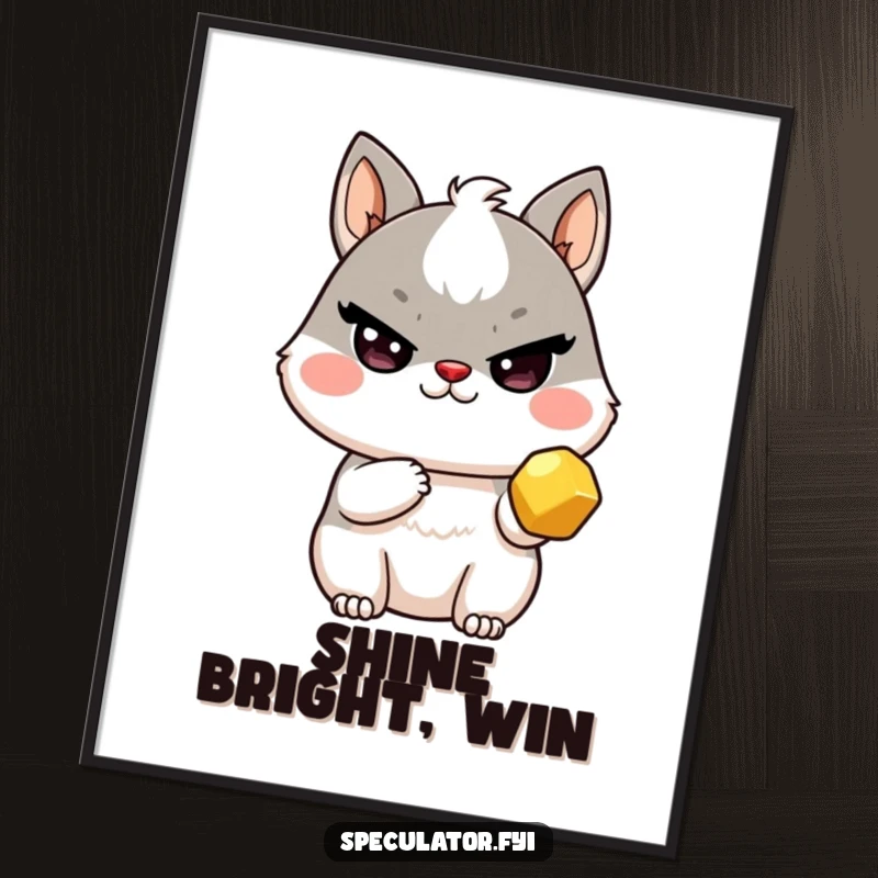 Funny Kawaii animal poster with sly wink holding a golden nugget, witty wall art and a funny gift.