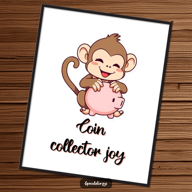 Funny kawaii monkey poster, art print of a monkey playfully shaking a piggy bank, fun wall decor.