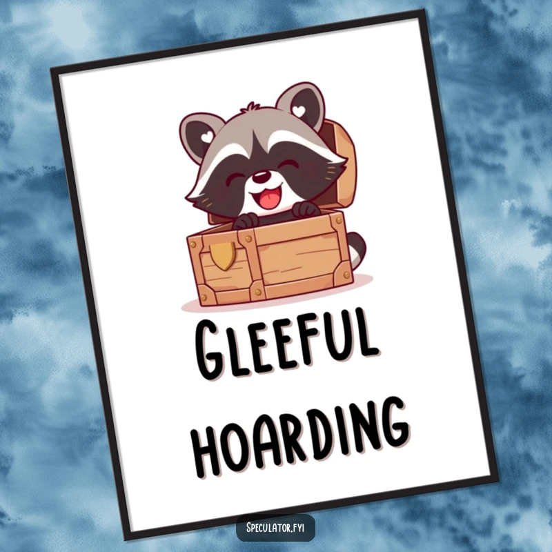 Funny kawaii raccoon poster, art print of a raccoon peeking into a treasure chest with intense glee, wall decor.