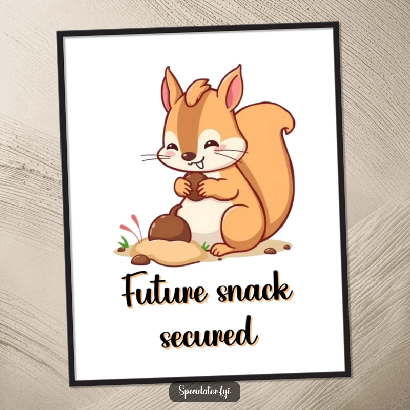 Funny kawaii squirrel character with a sly grin digging a hole to bury a nut on a poster.