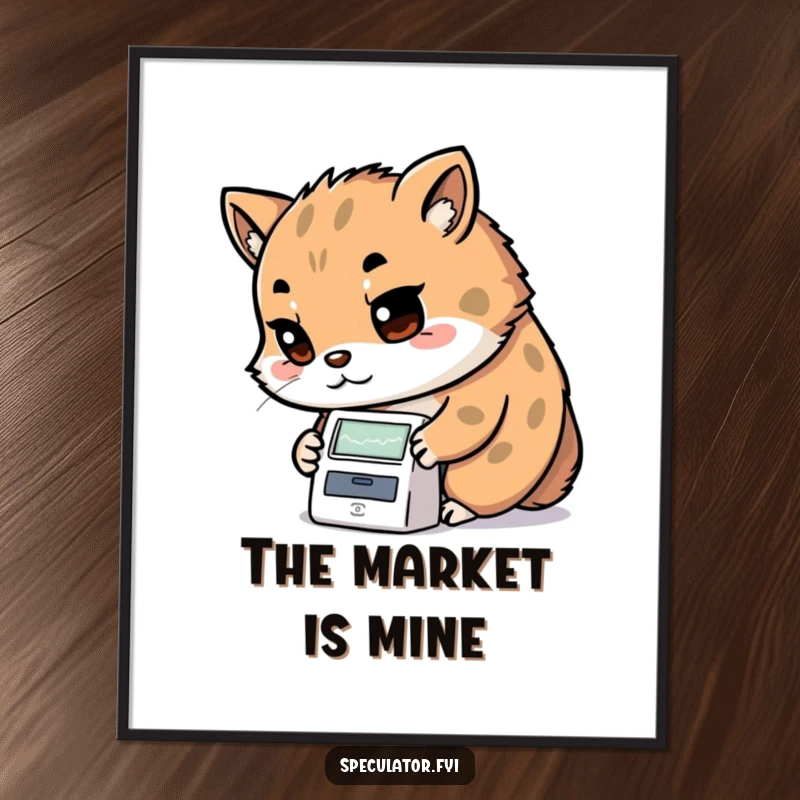 Funny Kawaii animal poster with determined look examining a stock ticker, witty wall art and a funny gift.