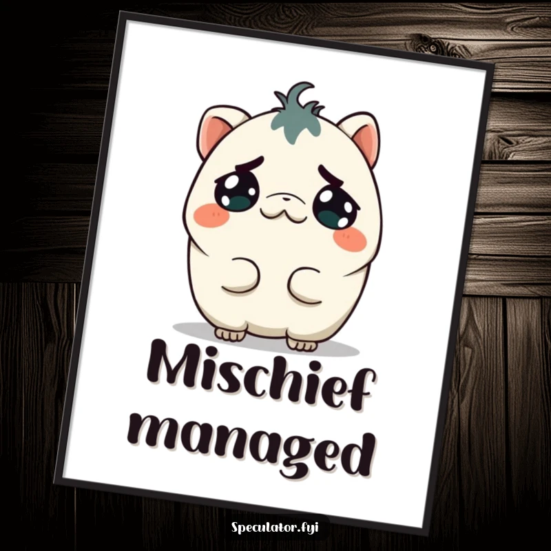 Funny Kawaii Creature Poster: A small Kawaii creature grins wickedly, tilting its head, representing funny, calculated mischief.