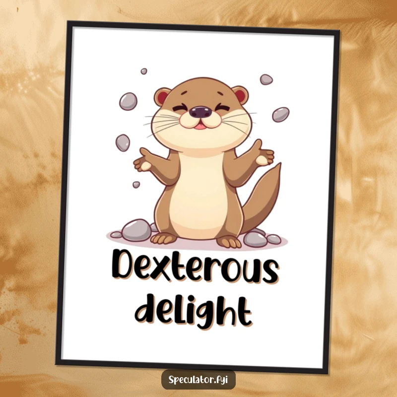 Funny playful otter character poster juggling shiny pebbles with impressive dexterity, perfect wall art for showcasing skill and aquatic humor.