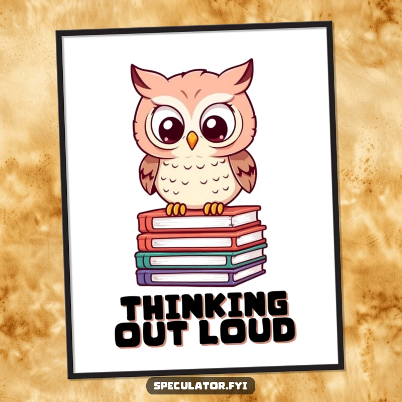 Funny Owl Poster: a clever owl perches on books, eyes wide with calculation, creating humorous wall art that celebrates intelligence.