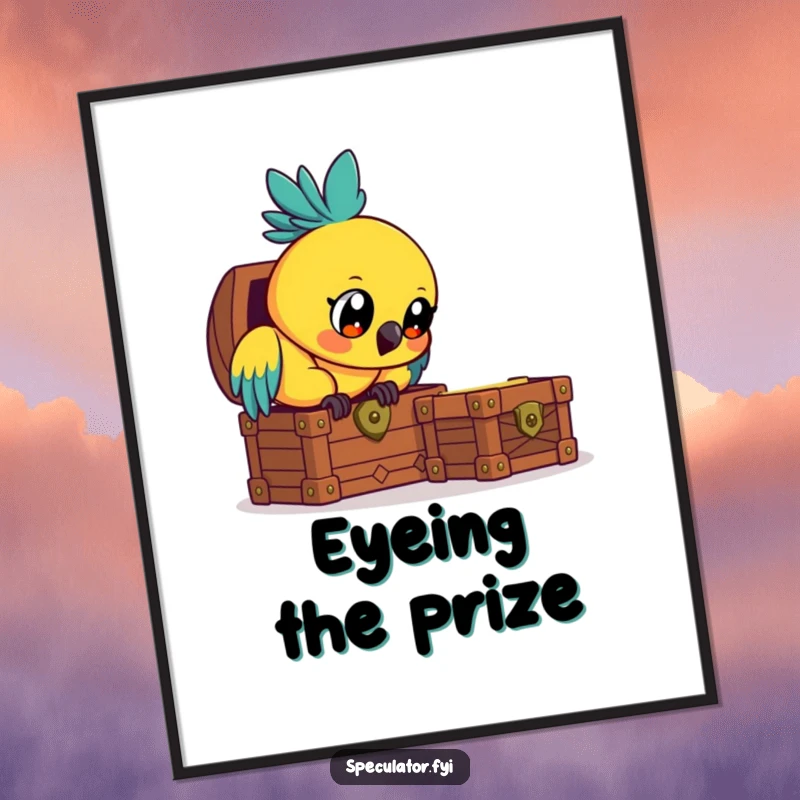 Funny curious parrot poster, eyes shining at a treasure chest, whimsical and humorous wall decor.