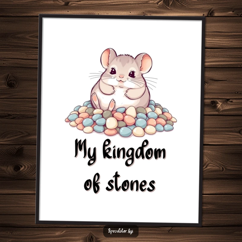 Funny playful chinchilla rolling in shimmering pebbles on a wall poster, humorous and vibrant art.