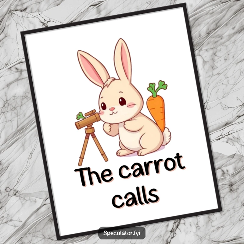 Funny poster art of a rabbit with a telescope, searching the night sky for a large carrot, creating a humorous scene.