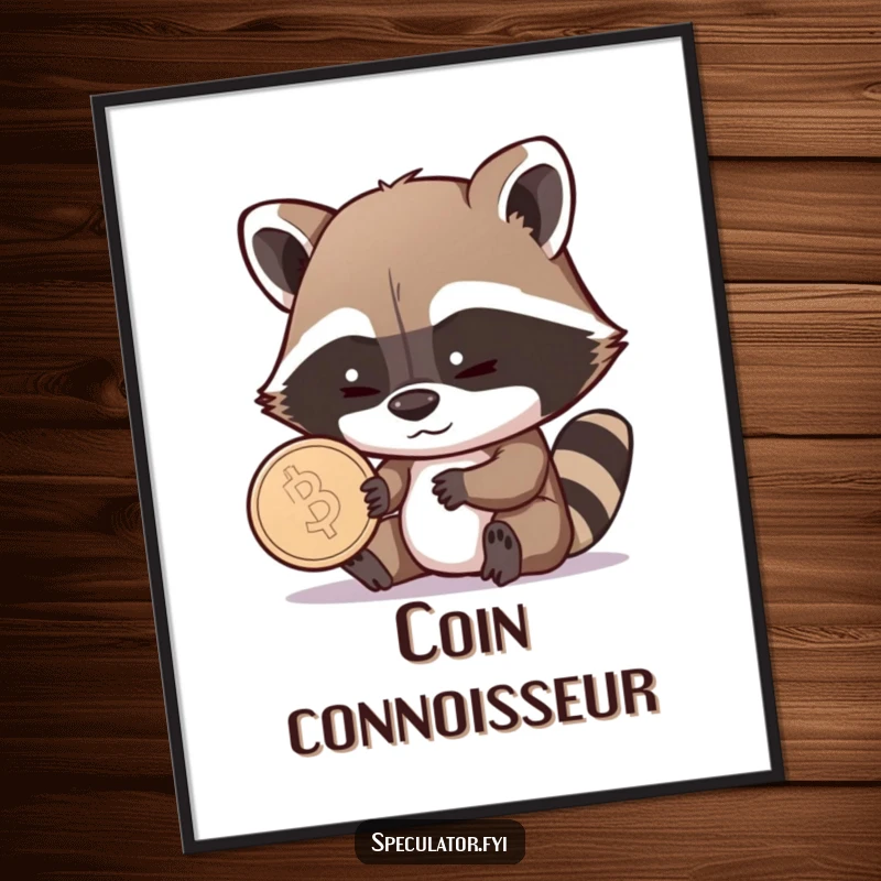 Funny Raccoon Poster: a shrewd raccoon examines a coin with a sly grin, creating humorous wall art that celebrates cunning.