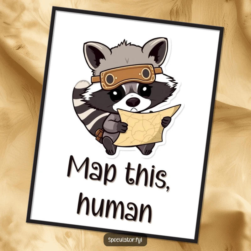 Funny poster of a determined raccoon with a mask intensely studying a treasure map, capturing a moment of anticipation and humor. A great funny gift.