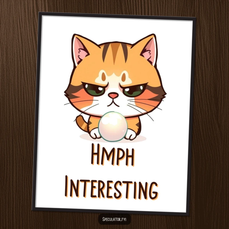 Funny skeptical cat poster examining shimmering object with narrowed eyes, a suspicious pet character adding subtle humor.