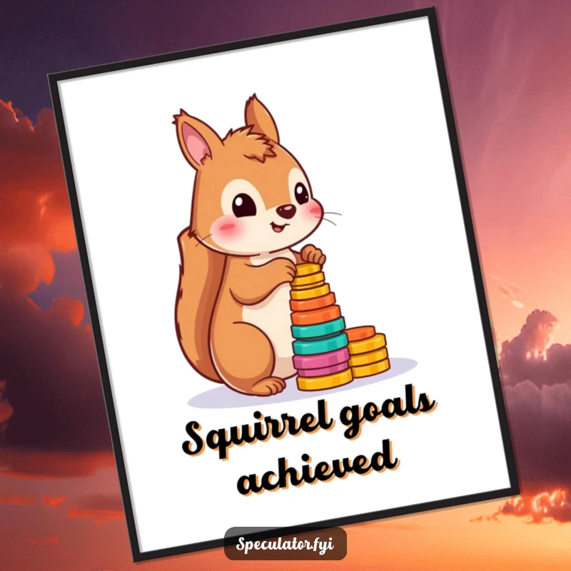 Funny wall art poster showcasing a cute squirrel focused on counting a load of colorful tokens, adding a humorous touch.
