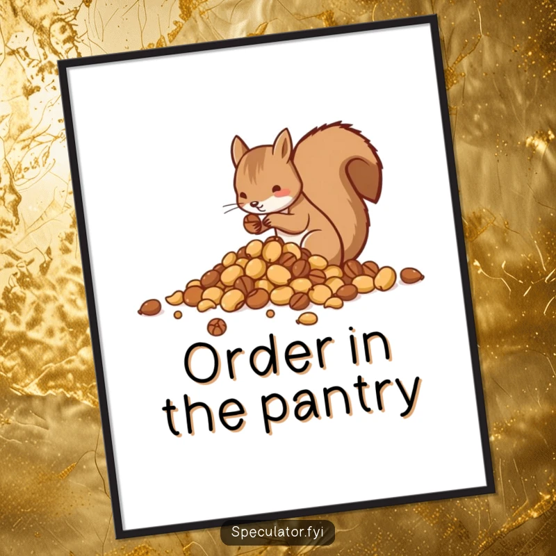 Funny poster art of a squirrel carefully arranging nuts into neat piles, creating a charming and humorous scene.