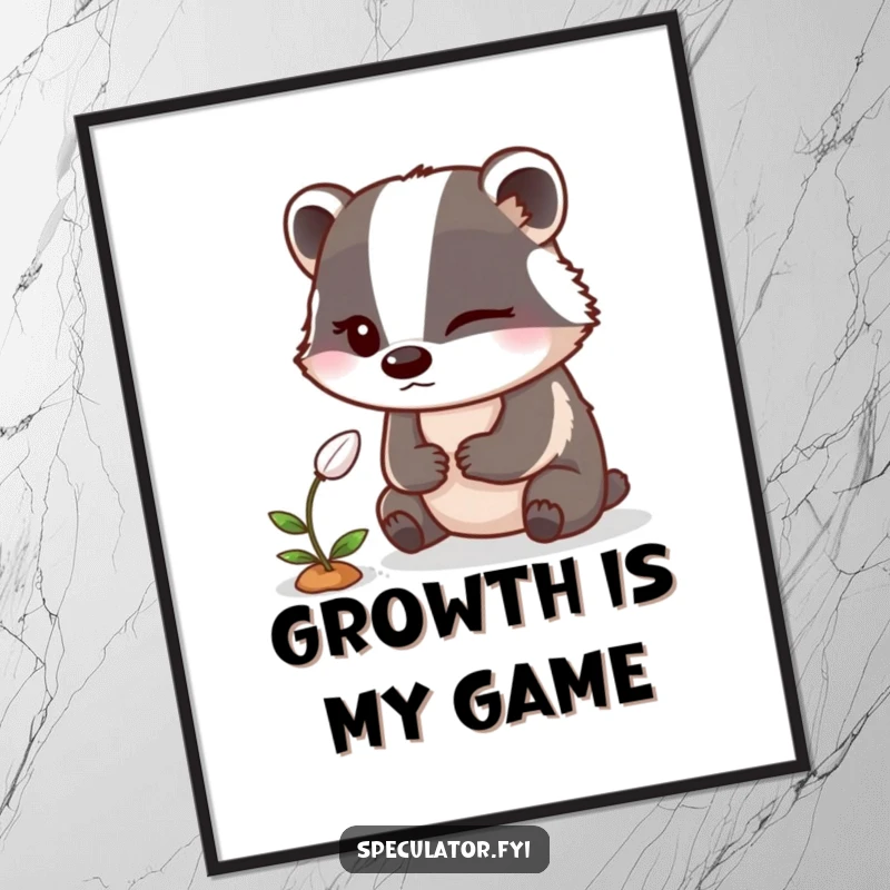 Funny Badger Poster: A winking badger observes a sprouting seed, creating humorous and charming garden-themed wall art.