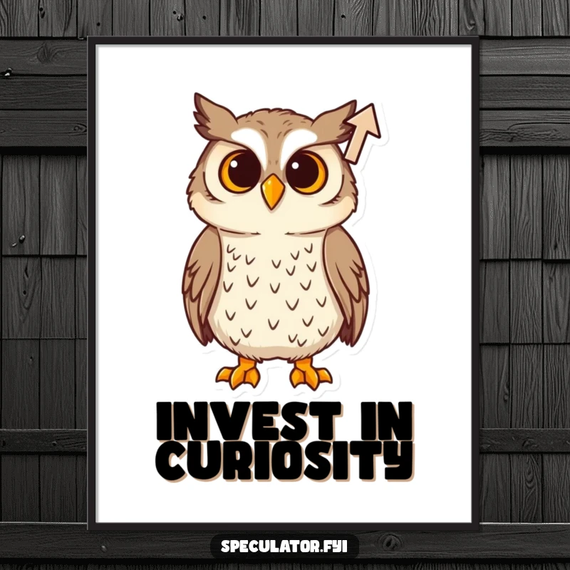 Funny Poster: An illustration of a curious owl tilting its head, intently observing a rising arrow, symbolizing insight.
