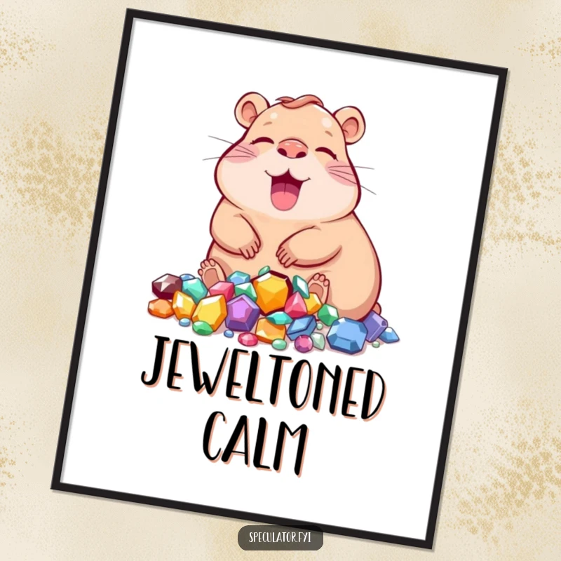 Funny capybara poster art of a joyous character relaxing near a pile of jewels, perfect for elegant walls.