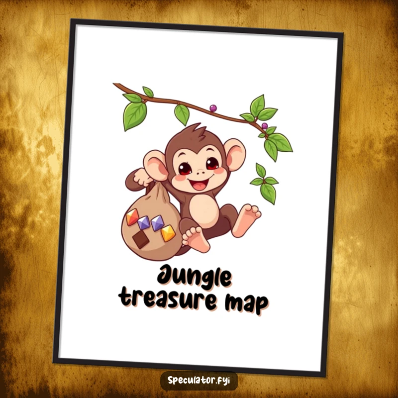 Funny poster art of a playful monkey swinging from a vine, holding a bag of glittering gems, creating a fun and energetic scene.