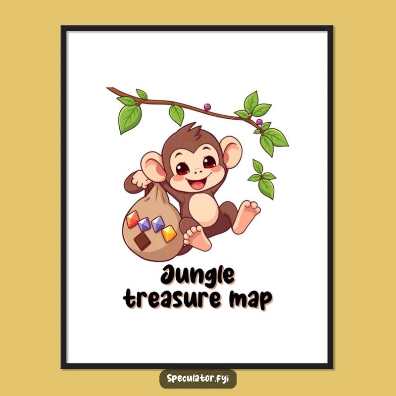 Funny Monkey Swinging Gems Poster - Playful Wall Art, Charming Humorous Gift