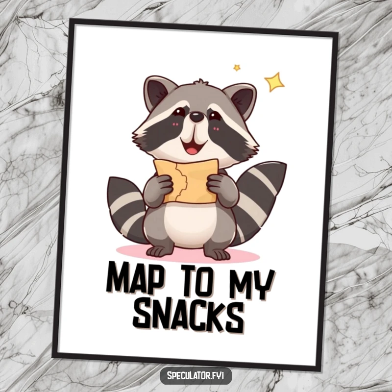 Funny raccoon poster showcasing a playful raccoon holding a treasure map, adding humor and adventure to any wall.