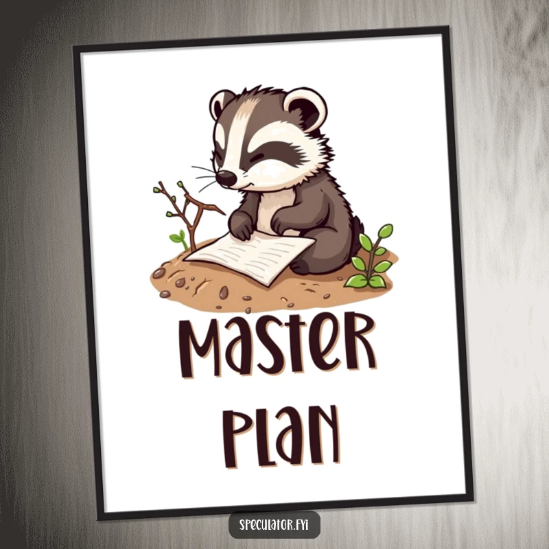 Funny thoughtful badger character poster sketching a plan in the dirt with a twig, perfect wall art for showcasing strategy and earthy humor.