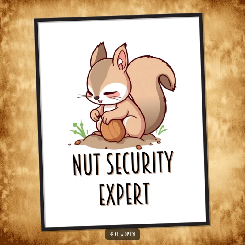 Funny Squirrel Poster: a nimble squirrel buries a nut while looking around, creating humorous wall art that celebrates caution.