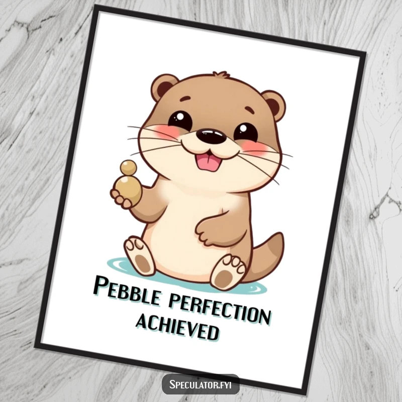 Funny poster of a lively otter character with a playful grin, tossing a shiny pebble, bringing cheer and humor to any room. A great funny gift.