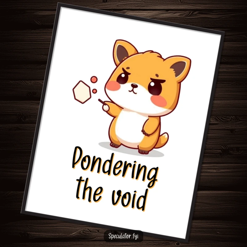 Funny Kawaii Animal Poster: A Kawaii animal with a stern, furrowed brow points towards a mysterious abstract shape, embodying humorous contemplation.