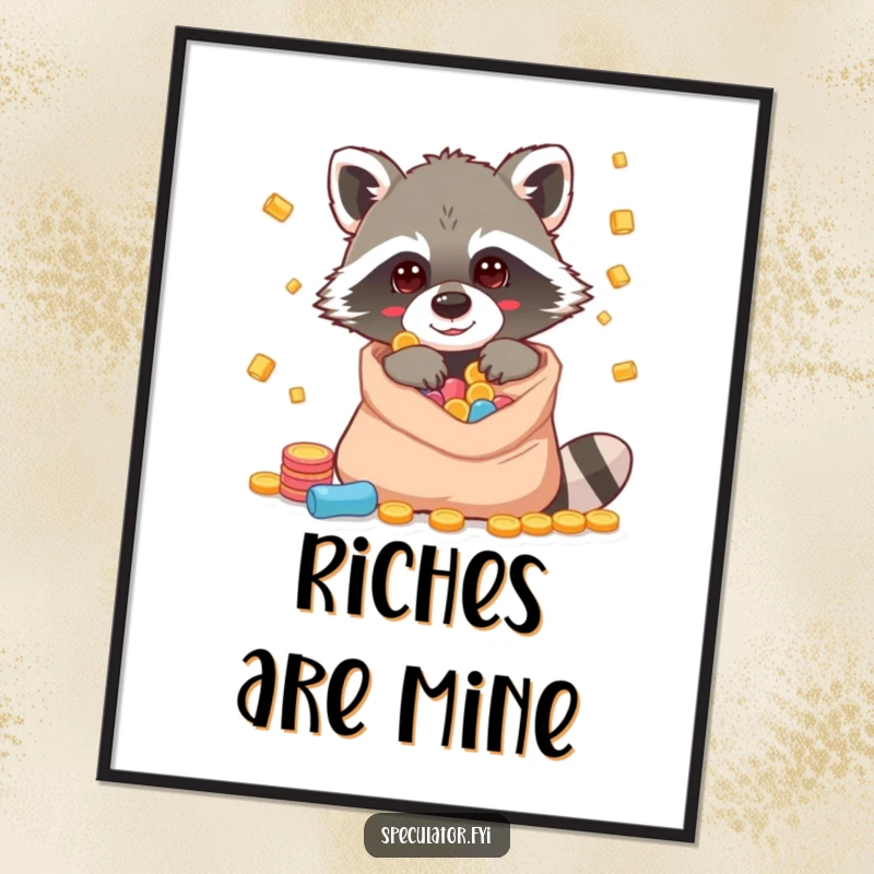Funny raccoon poster art of a clever character peeking into a bag of riches, perfect for humorous walls.