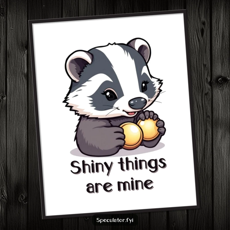 Funny determined badger with a bright smile carefully inspecting a shiny button on a wall poster, humorous and illustrative.