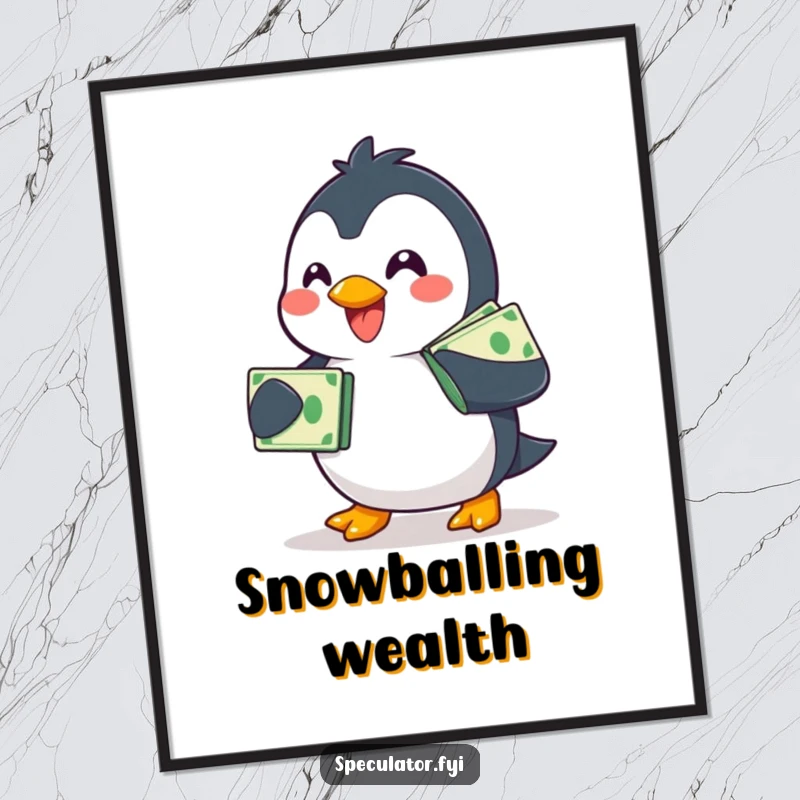 Funny smiling penguin poster, waddling with a stack of bills, whimsical and humorous wall decor.
