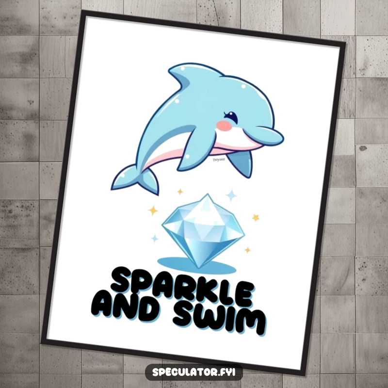 Funny playful dolphin poster, leaping over a sparkling diamond, whimsical and humorous wall decor.