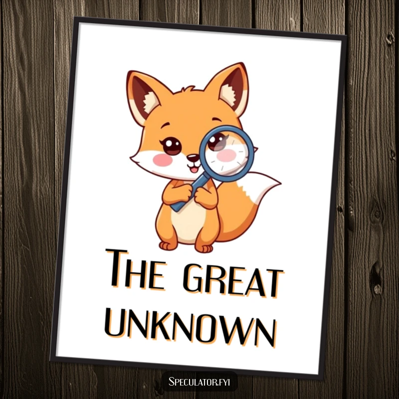 Funny cheerful fox poster holding magnifying glass to question mark, a curious detective character adding intrigue to decor.