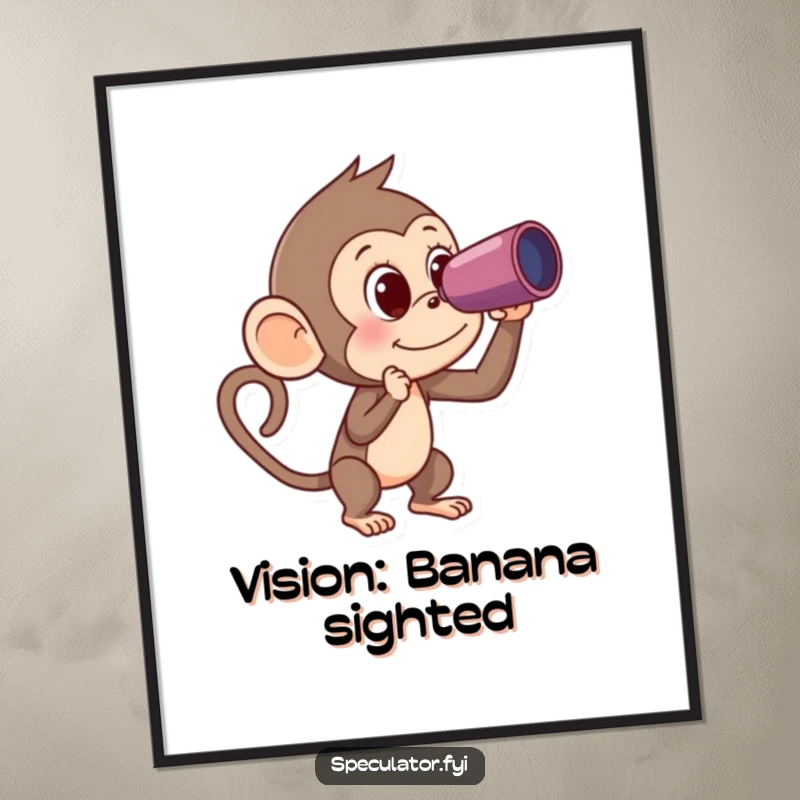 Funny Monkey Poster: a curious monkey peers through a spyglass at a banana, creating humorous wall art with a focus on adventure.