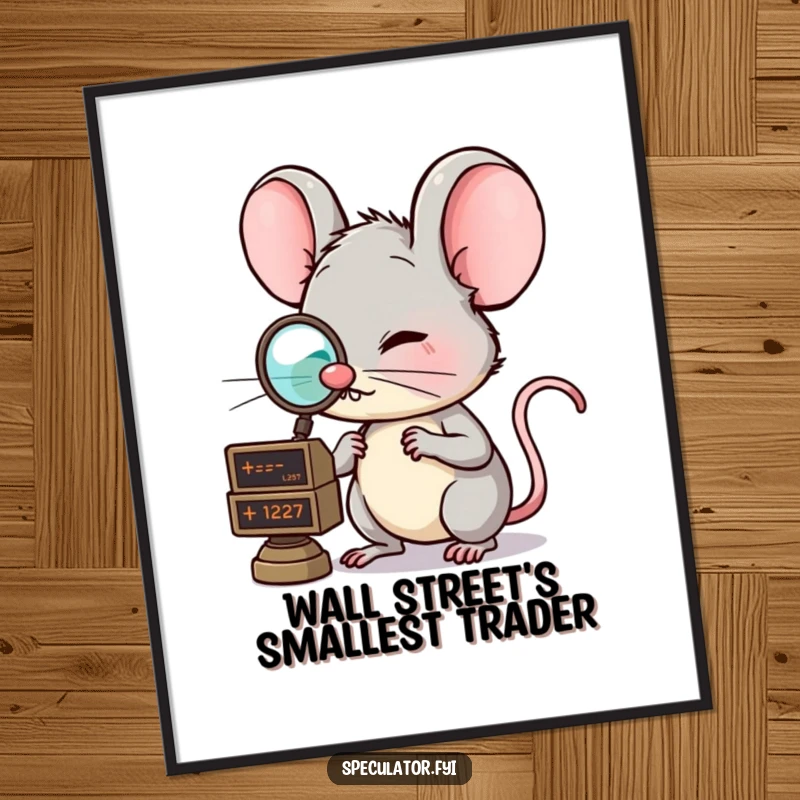 Funny poster of a clever mouse wearing a monocle, intently examining a floating market ticker, adding financial humor to any space. A great funny gift.