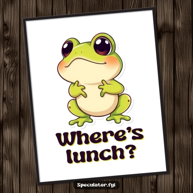 Funny poster print of a hopping frog character with a speculative gaze, looking upwards in a humorous, artistic depiction.