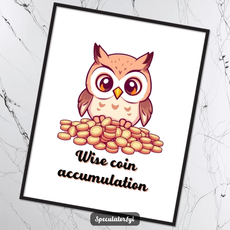 Funny kawaii owl with wide eyes looking at a scattered pile of coins, creating a whimsical and humorous piece of wall art.