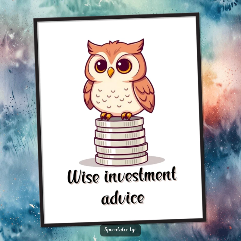 Funny poster of a curious owl surveying a stack of coins, representing financial acumen, wisdom, and the pursuit of knowledge.