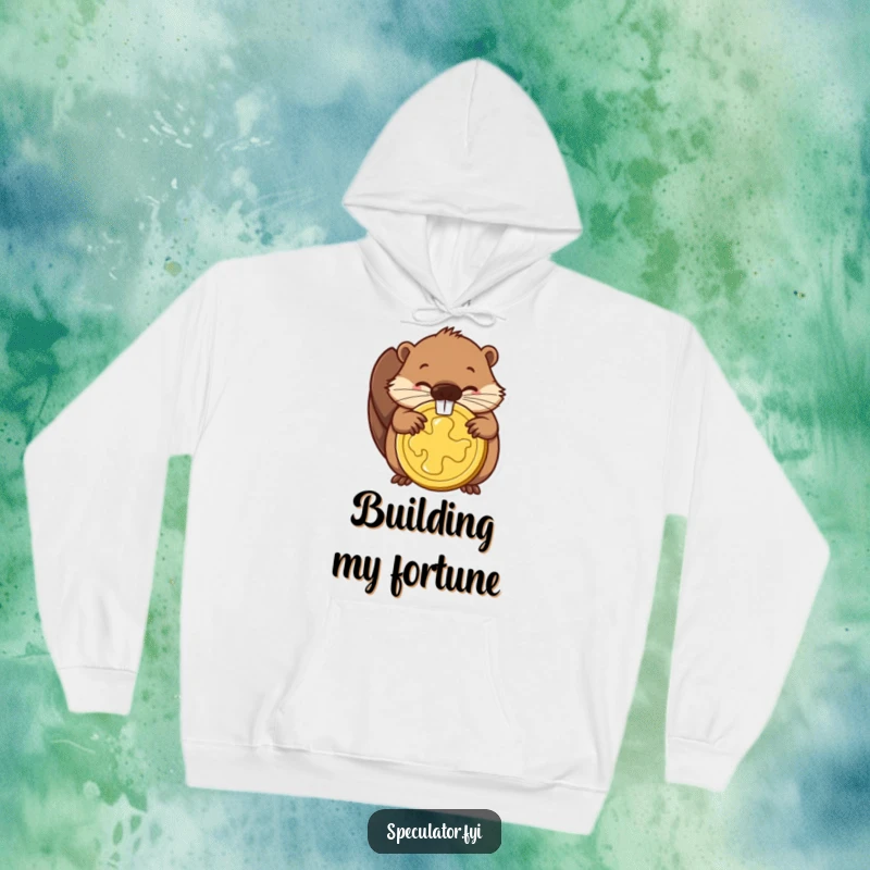 Funny and warm hoodie showcasing a determined beaver chewing on a gold coin, ideal for those who work relentlessly.