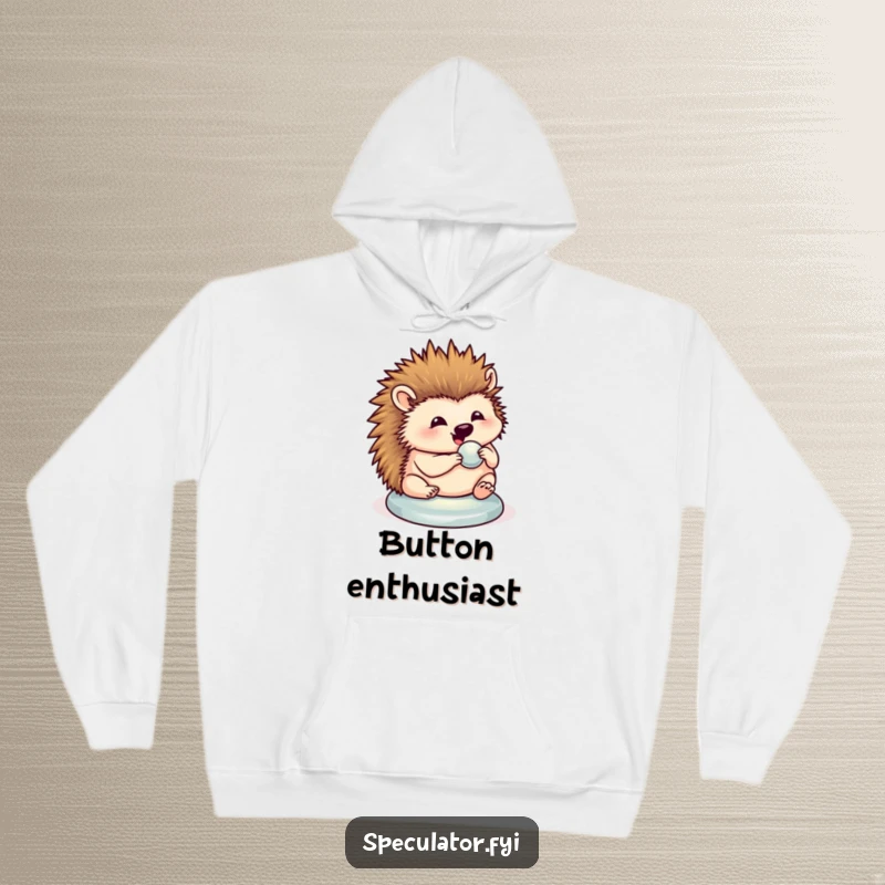 Funny hedgehog hoodie with a content hedgehog polishing a shiny button, perfect for cozy, humorous relaxation.