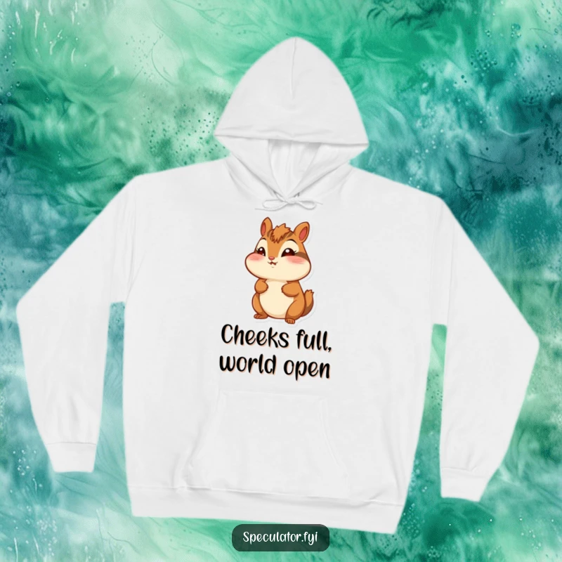 Funny chipmunk hoodie, puffed cheeks, looking around with wonder, cozy and cheerful for gifting.