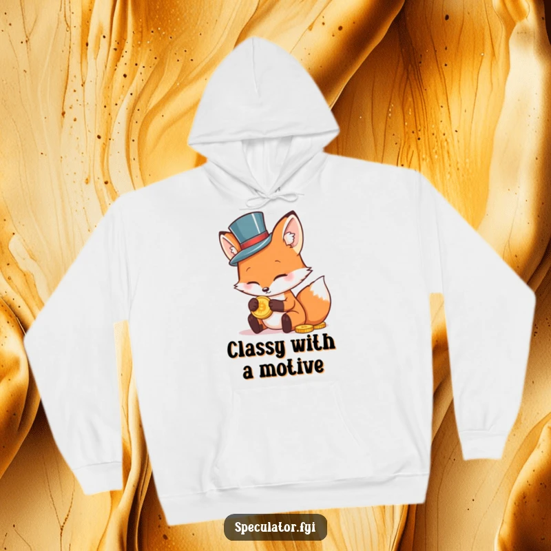 Funny hoodie design of a sophisticated fox in a tiny top hat, closely inspecting a shining gold coin, for cozy humor.