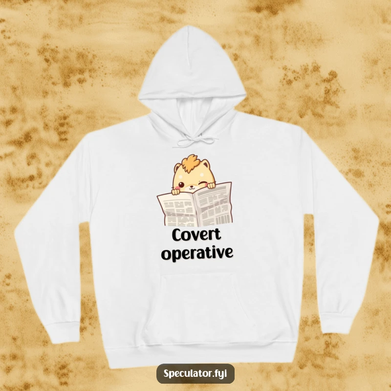 Funny creature hiding behind a newspaper with a sly smirk, featured on a warm and cozy hoodie.