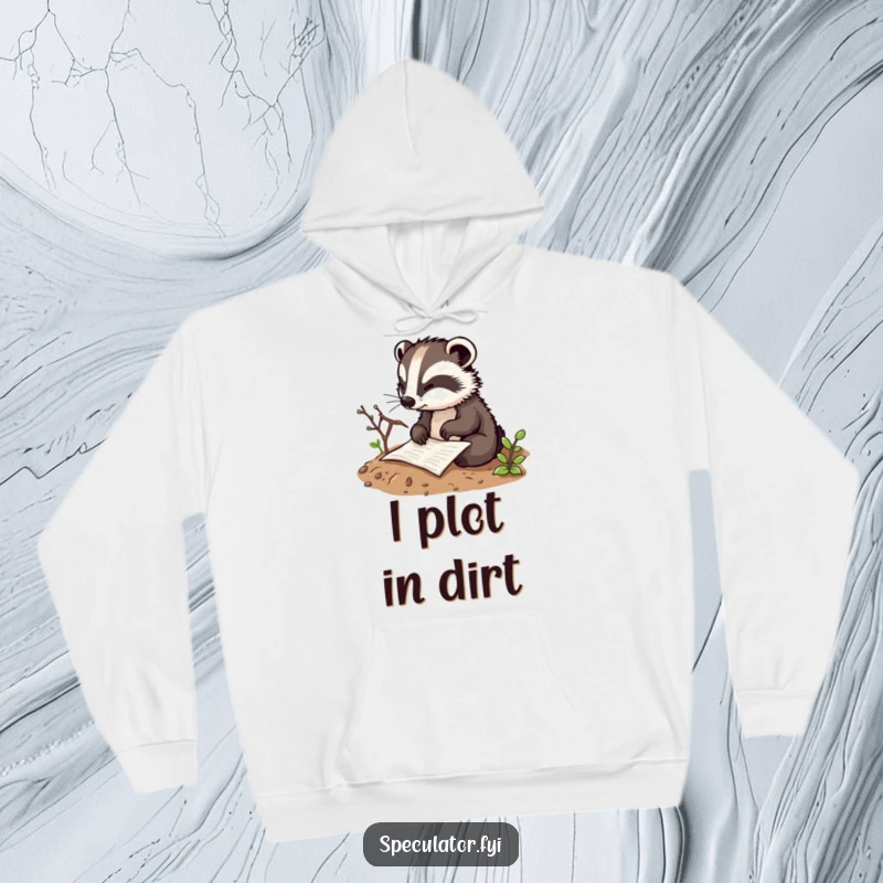 Funny thoughtful badger character hoodie sketching a plan in the dirt with a twig, designed for comfort and displaying strategic humor.