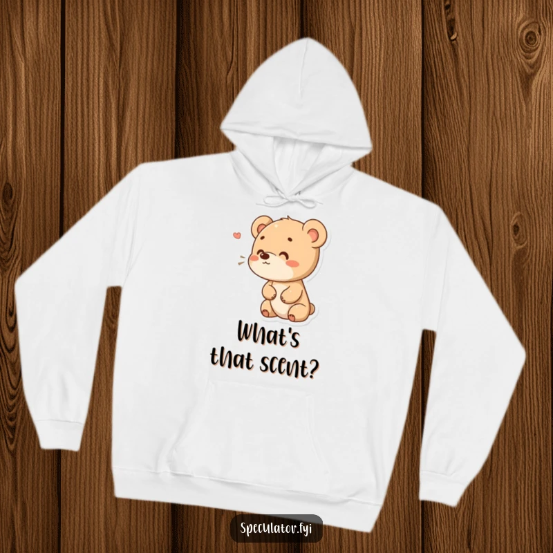 Funny hooded sweatshirt with a small bear cub character looking curious while sniffing the air, offering warmth and charm. An ideal funny gift.