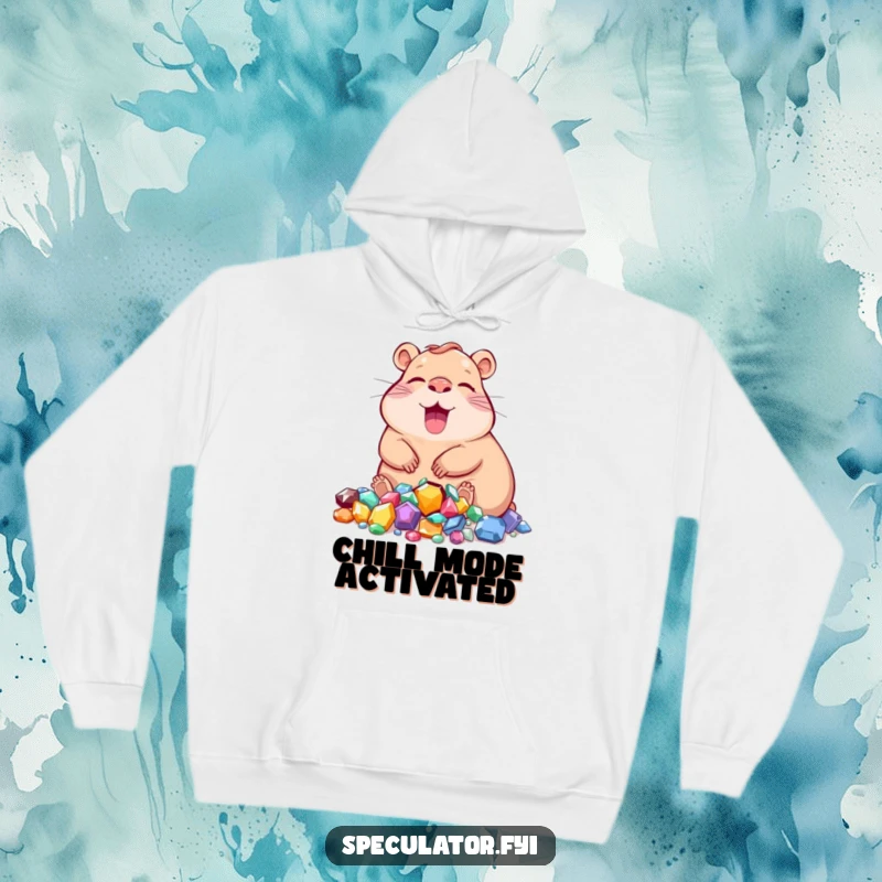 Funny capybara hoodie with a joyous character relaxing near a pile of jewels, offering comfort and luxury.