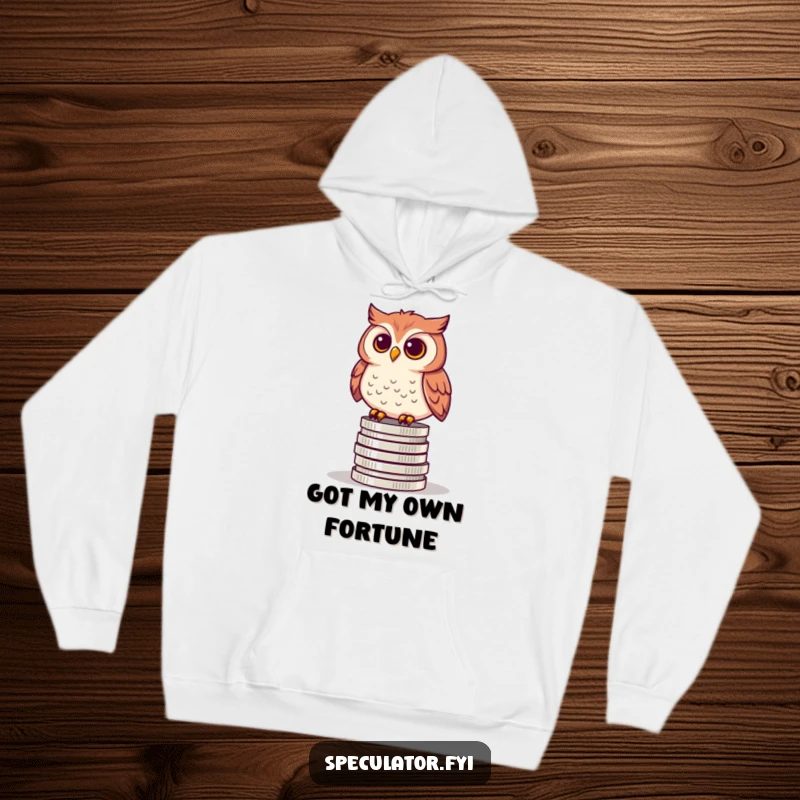 Funny hoodie showing a curious owl perched on a stack of coins, embodying wisdom, financial prudence, and a touch of playful contemplation.