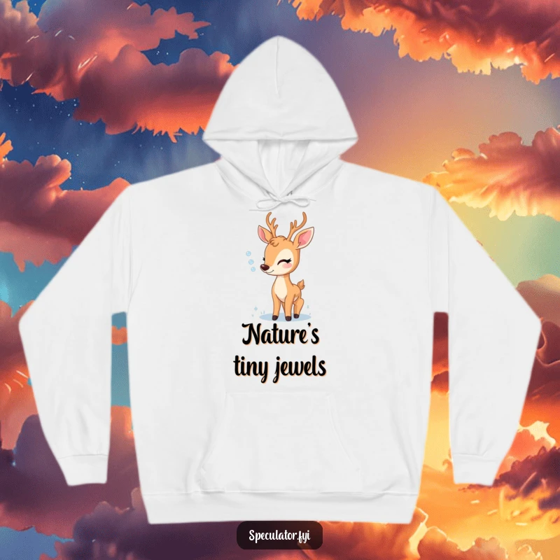 Funny hoodie featuring a delighted deer captivated by a sparkling dewdrop, conveying a sense of peace and childlike wonder.