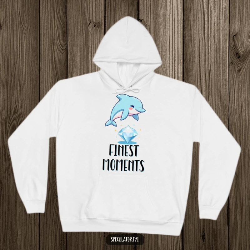 Funny playful dolphin hoodie, leaping over a sparkling diamond, comfortable and humorous ocean-themed apparel.