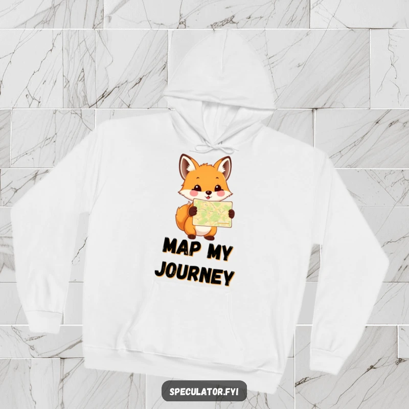 Funny Fox Cub Map Hoodie featuring a happy cub with a tiny map, perfect for cozy adventures and a touch of humorous exploration.