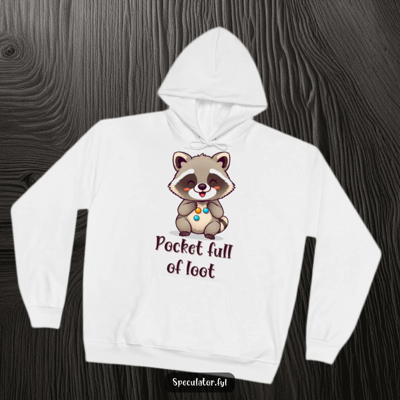 Funny hoodie depicting a giggling raccoon meticulously counting its shiny button collection, full of glee and possessiveness.